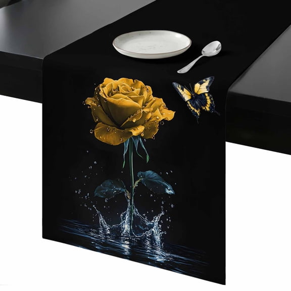 Yellow Rose Table Runner 13x48 Inch Butterfly Splash Water Nature Dreamy Table Runner Non-Slip Dresser Scarves for Holiday Decorations, Party, Dinner and Gatherings, 1 Pack