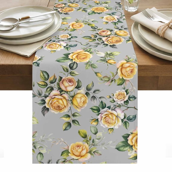 Yellow Rose Table Runner - 72 Inch Long, Kitchen Dining Table Runner Dresser Scarves, Vintage Country Botanical Floral Vines Farmhouse Decor for Coffee Tables Wedding Party Banquet