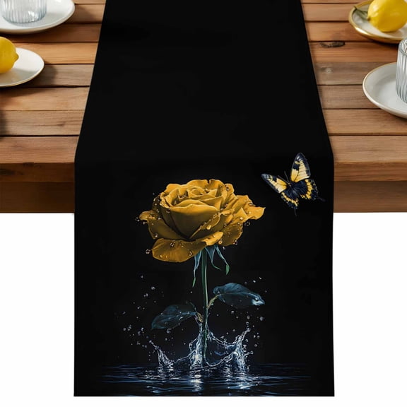 Yellow Rose Table Runner, Butterfly Splash Cotton Linen Table Cloth, Water Nature Dreamy Tablerunner for Kitchen Dining Party Wedding Home Decor 13x36 Inch