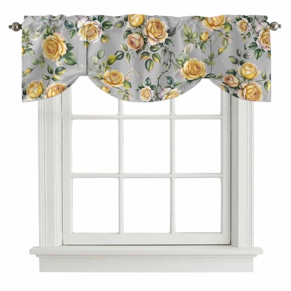 Yellow Rose Tie Up Valance Curtains for Windows, Kitchen Curtains Window Treatments, Vintage Country Botanical Floral Vines Short Window Shades Valances for Bedroom Bathroom Cafe 42"x18"