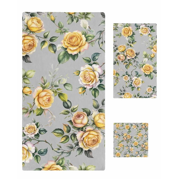 Yellow Rose Towel Set of 3, Soft Microfiber Bath Towels, Hand Towel, Washcloths, Vintage Country Botanical Floral Vines Quick-Dry Absorbent Towels for Bathroom Kitchen Hotel Beach Gym Spa