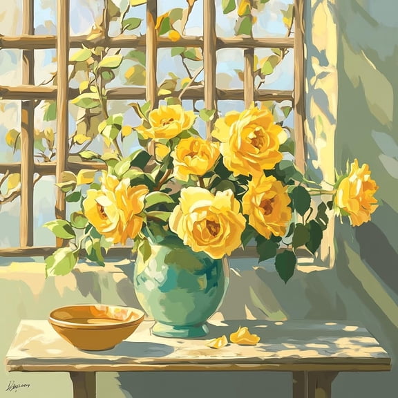 Yellow Rose in Vase Window DIY 5D Diamond Art Painting by Number Kits for Adults Paint with Full Drill Round Diamond Gems Painting Art Craft for Home Wall Decoration 13.8x13.8in