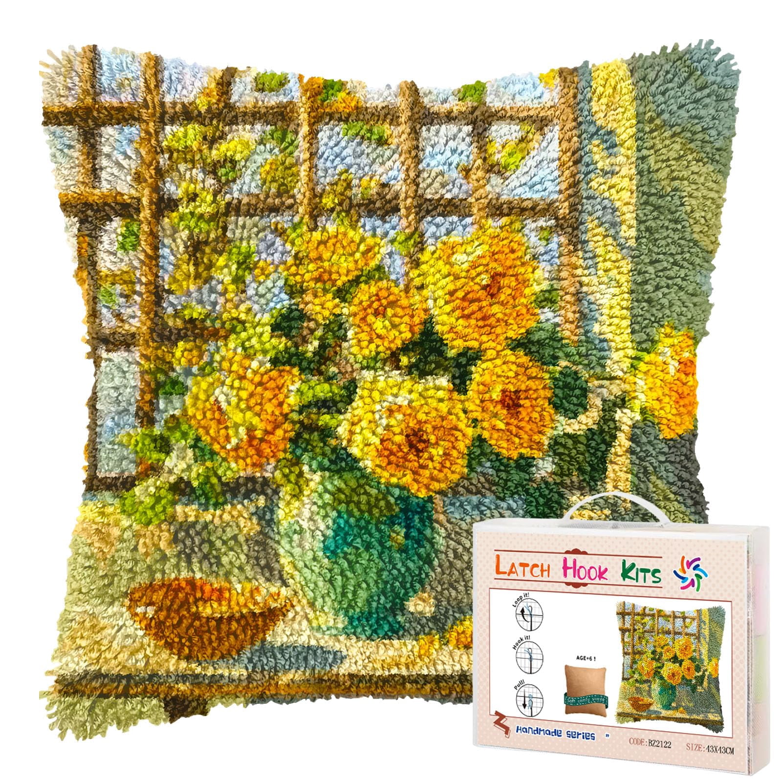 Yellow Rose in Vase Window DIY Latch Hook Pillow Kits for Adults Printed Pillowcase Crochet Yarns Hooking Handmade Pillow Cover Cushion for Home Sofa Decoration 17x17inch