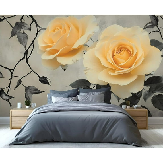 Yellow Rose Wallpaper Mural- Yellow Flower Wall Murals For Living Room Bedroom, Rose Mural 55"W x 28"H (Not Peel and Stick)
