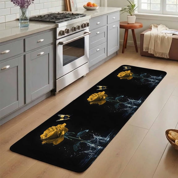 Yellow Rose Washable Runner Rug 3X7 ft Butterfly Splash Water Nature Dreamy Non-Slip Hallway Runner Rug, Linen Kitchen Runner Mats, Indoor Floor Carpet for Entryway Bathroom Bedroom Living Room