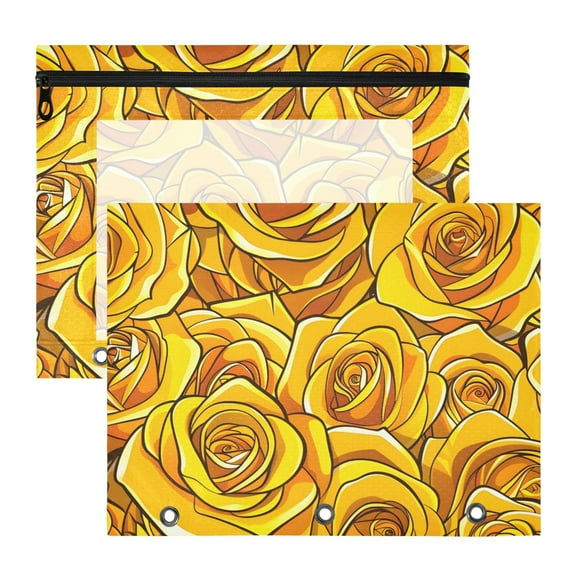 Yellow Roses 3-Ring Binder Pouches A4 Size Zipper Pocket File Storage 2 Packs