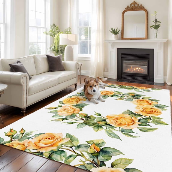 Yellow Roses Area Rugs 5x7 ft Spring Wreath Watercolor Flowers Washable Rug Non Slip Indoor Carpet Absorbent Floor Mat for Living Room Bedroom Dining Room