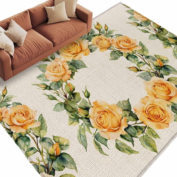 Yellow Roses Area Rug 6x9ft Spring Wreath Non-Slip Washable Square Rugs Soft Felt Indoor Floor Mat for Bedroom Kitchen Living Room Bathroom