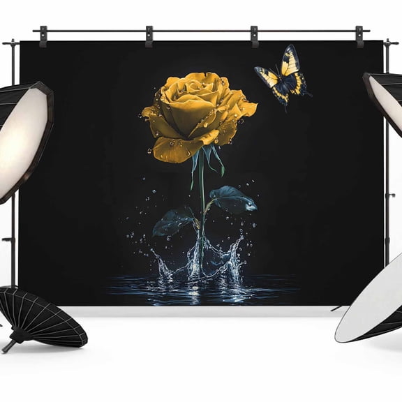 Yellow Roses Backdrop for Photoshoot,Photography Photo Studio Background Wall Backdrop,Modern Art Splash Flowers Butterfly Back Drop Banner Panel for Portraits Wedding Live Streaming Decor 7x5Ft