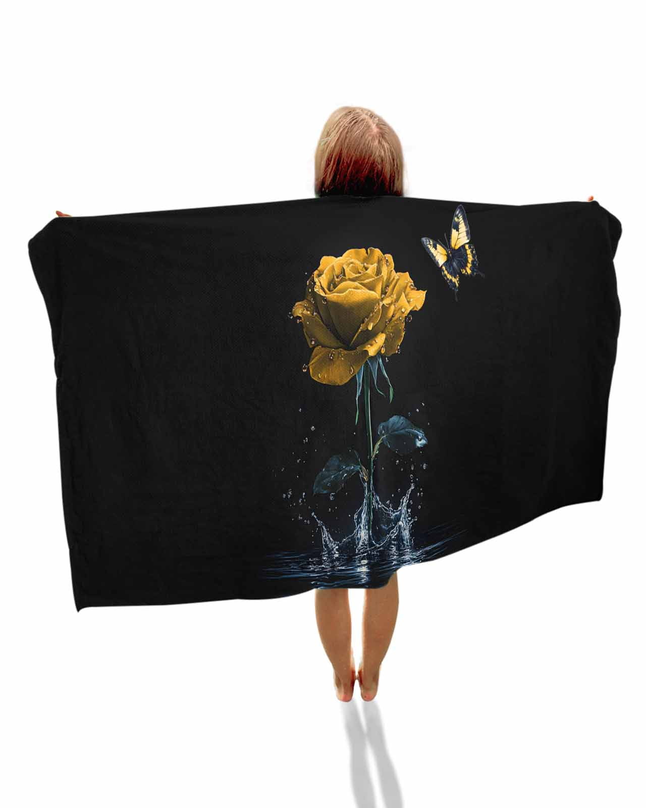 Yellow Roses Beach Towels Oversized Super Absorbent, Modern Art Splash Flowers Butterfly Lightweight Bath Towel Quick Dry Sets For Bathroom/Pool/Rv Camping/Beach Play/Gym Room/Picnic 30"x60"