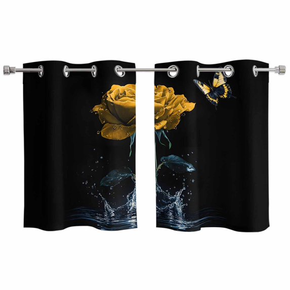 Yellow Roses Kitchen Curtains Small Short 39 Inch Length, Modern Art Splash Flowers Butterfly Grommet Top Bedroom Living Room Curtains, Light Filtering Cafe Curtain Drapes 2 Panels Set 55''x39''