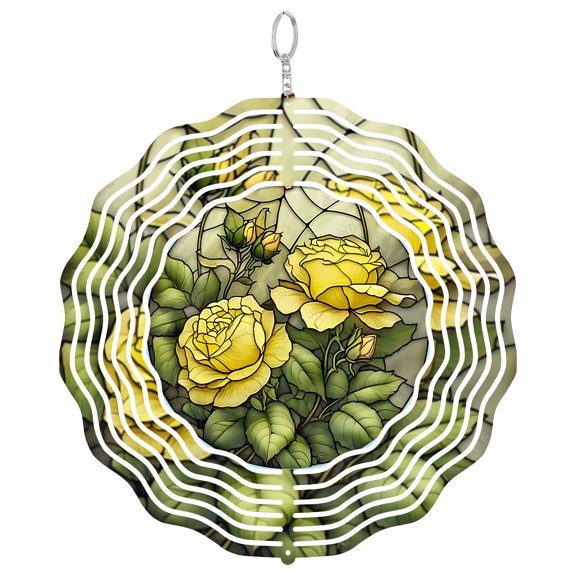 Yellow Roses Of Texas Pink Border 3D Wind Spinner Kinetic Art Stainless Steel Laser Cut State Flower Round