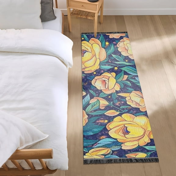 Yellow Roses Pattern Bedroom Runner Rug 2'x 6' Non Slip Carpet Indoor Home Area Rug Living Room