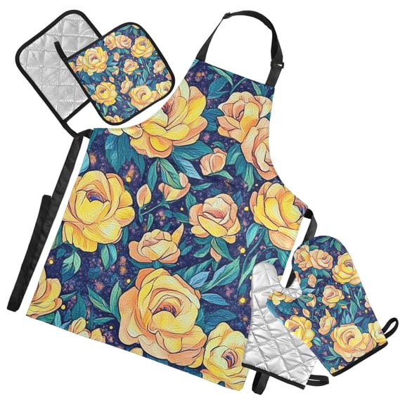 Yellow Roses Pattern Oven Mitts and Pot Holders with Chef Apron Set 5 Pcs Kitchen Cooking Set