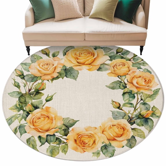 Yellow Roses Round Area Rug 5ft Spring Wreath Non-Slip Washable Circle Rugs Soft Felt Indoor Floor Mat for Bedroom Kitchen Living Room Bathroom