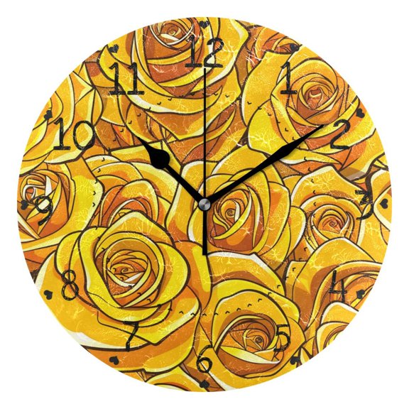 Yellow Roses Round Wall Clock Silent Analog Battery Operated Black Pointer Home Decor 9.84" Diameter
