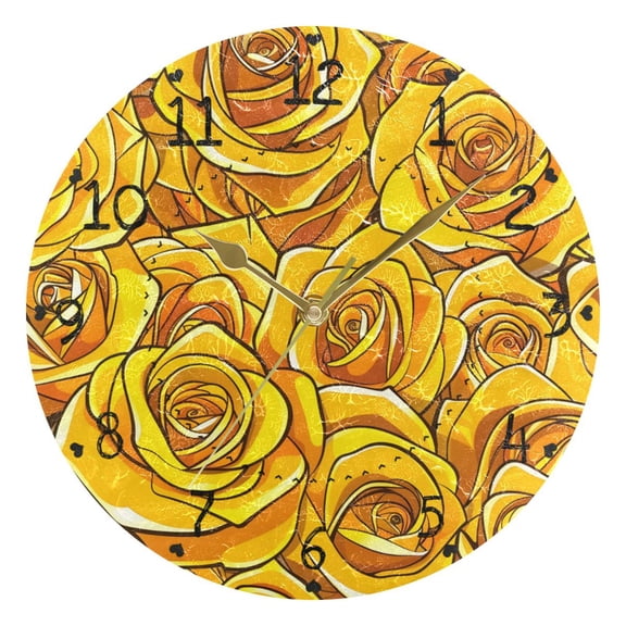 Yellow Roses Round Wall Clock Silent Analog Battery Operated Gold Pointer Home Decor 9.84" Diameter