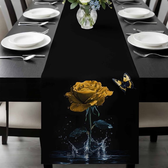 Yellow Roses Table Runner 36 Inches Long, Modern Art Splash Flowers Butterfly Kitchen Coffee Dining Table Decoration for Home Party Birthday Wedding Home Decor 13x36 Inches