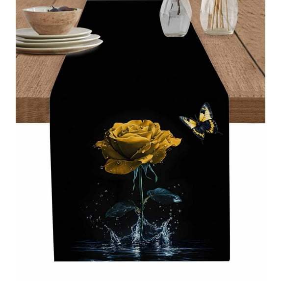 Yellow Roses Table Runner Cotton Linen 108 Inch Holiday Dresser Scarves, Modern Art Splash Flowers Butterfly Tablerunner for Kitchen Coffee Dining Bedroom Living Room Dinner Scarf Décor 13''x108''