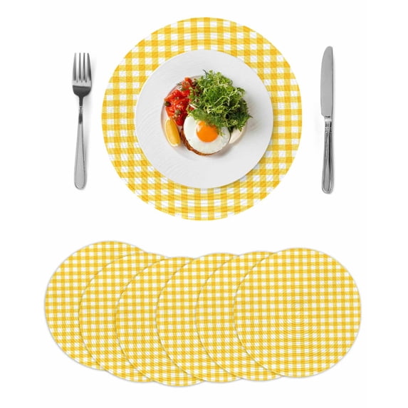 Yellow Round 13 Inch Placemats Set of 6, Country French Rustic Buffalo Plaid Modern Art HeatResistant Non Slip Place Mats for Dining Table, Wipeable Braided Kitchen Table Mats for Housewarming