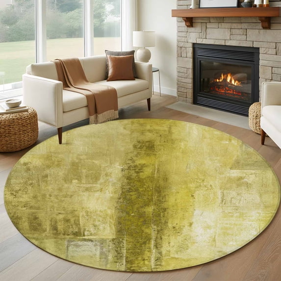 Yellow Round Area Rug 7 FT,Non Slip Living Room Area Carpet,Retro Oil Painting Modern Abstract Art Aesthetics Washable Soft Circular Rug Floor Carpet for Bedside Office Play Room Classroom