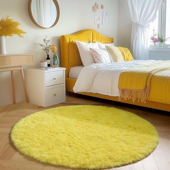 Yellow Round Circle Area Rug 4Ft for Bedroom Living Room, Fluffy Fuzzy Plush Rugs for Kids Room Decor Aesthetic, Cute Furry Shag Kawaii Circular Carpet for Classroom Nursery Dorm Toddler Baby