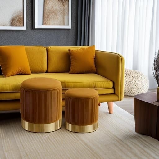 Yellow Round Ottoman with Storage Set of 2 Velvet Upholstered Foot Stool Vanity Chairs, Support 330lbs Padded Seat Multifunctional Ottomans Footrest, Foot Rest for Living Room