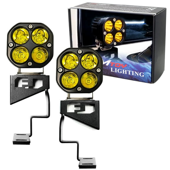 Yellow Round Shape LED Front Cowl Light Kit For 2007-14 FJ Cruiser, (2) 2500K Selective Yellow 20W High Power LED Pod Lights & Windshield A-Pillar Mounting Brackets