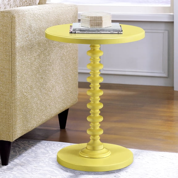 Yellow Round Side Table With Fine Wood Pedestal For Home Wooden Intricate Base