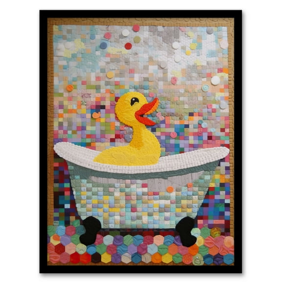 Yellow Rubber Duck Ducky Bath Time Bathroom Toilet Art Yellow Mosaic Kids Room Nursery Art Print Framed Poster Wall Decor 12x16 inch