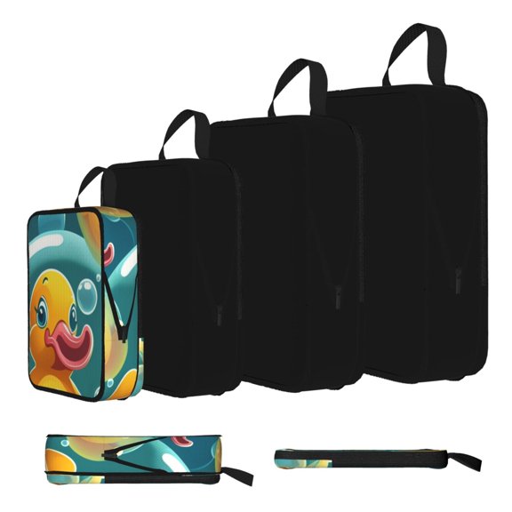 Yellow Rubber Ducks Funny Soap Bubbles 4-Set Compression Packing Cubes, Expandable Travel Organizer Bags, Luggage Packing Organizers, S M L XL