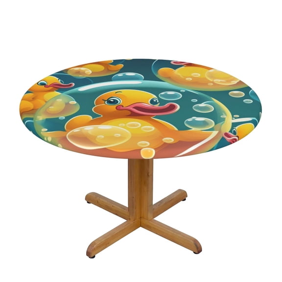 Yellow Rubber Ducks Funny Soap Bubbles Round Fitted Tablecloth Elastic Edged Table Cloth Waterproof Table Cover 48in