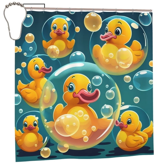 Yellow Rubber Ducks Funny Soap Bubbles Shower Curtain with 12 Iron Hooks Washable Polyester Fabric Bathroom 72x72 Inch
