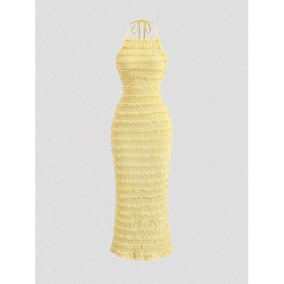 Yellow Ruched Halter Maxi Dress With Adjustable Neck Tie