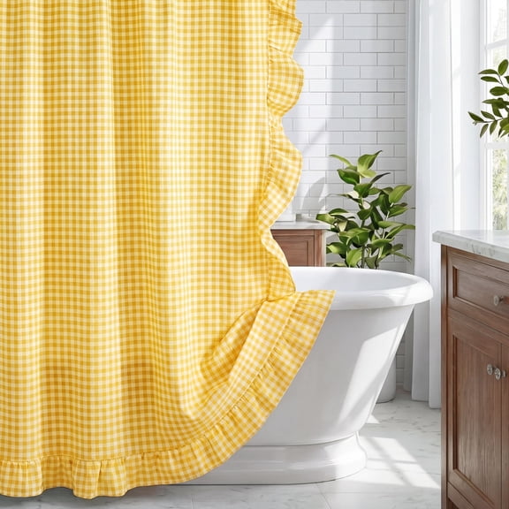 Yellow Ruffled Gingham Shower Curtain with Hooks, 72 x 72 Inch