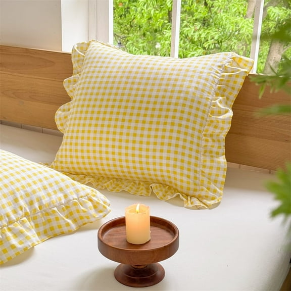 Yellow Ruffled Plaid Gingham Pillow Shams 20"x20", Set of 2 Checked Pre-Washed Microfiber Farmhouse Pillowcases for Bed/Sofa (20"x20", Yellow Gingham)