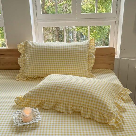 Yellow Ruffled Plaid Gingham Pillow Shams 20"x26", Set of 2 Checked Pre-Washed Microfiber Farmhouse Pillowcases for Bed/Sofa (20"x26", Yellow Gingham)