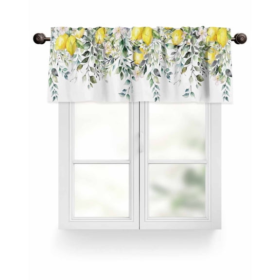 Yellow Rustic Lemon Kitchen Valances for Windows Watercolor Floral Green Leaf Valance Curtains for Kitchen /Living Room/Bedroom/ Bathroom Decor, 42"x12 " ,Rod Pocket 1 Panel, White
