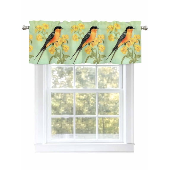 Yellow Sage Green Floral Curtain Valances for Windows, Vintage Summer Bird Botanical Kitchen Valance Window Treatment, Light Filtering Block Curtains for Bathroom/Bedroom/Living Room 42'' x 12''