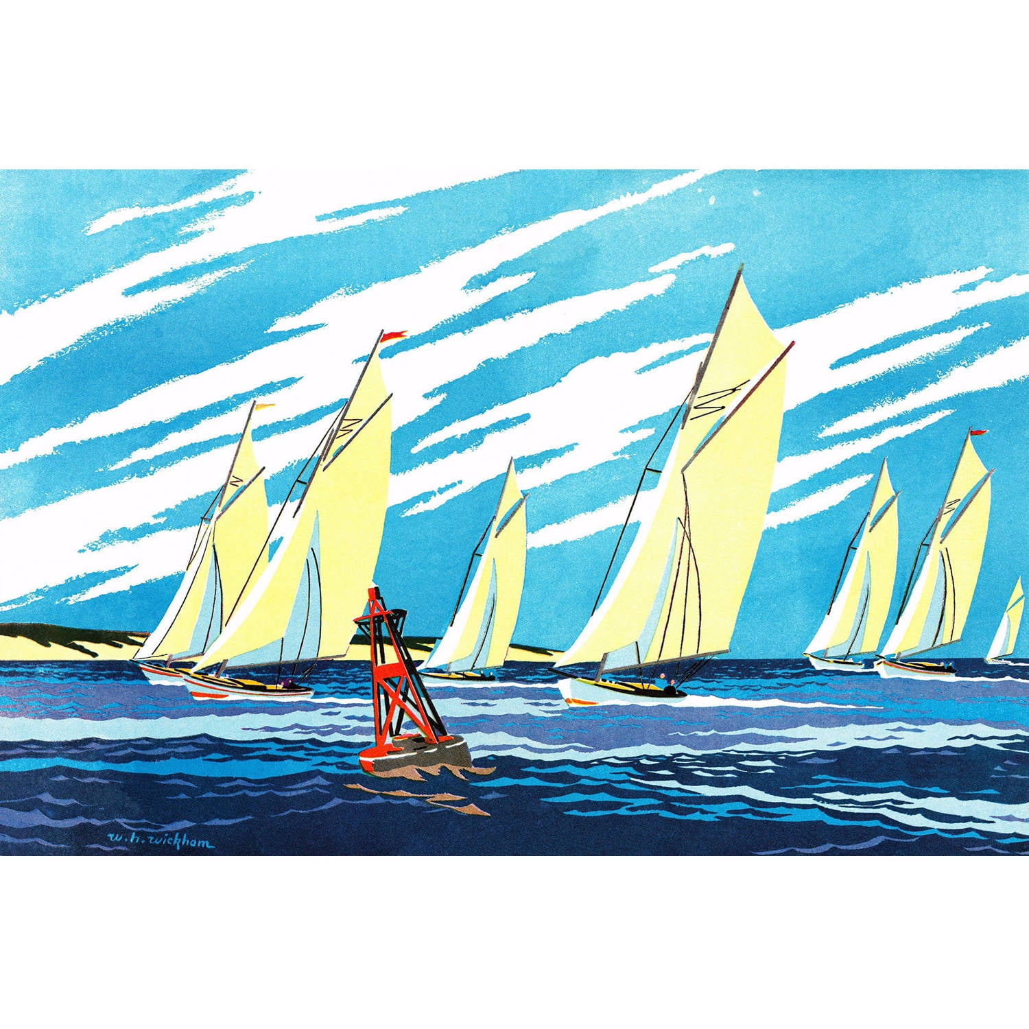 Yellow Sailboats Blue Canvas Wall Art 18" x 12"