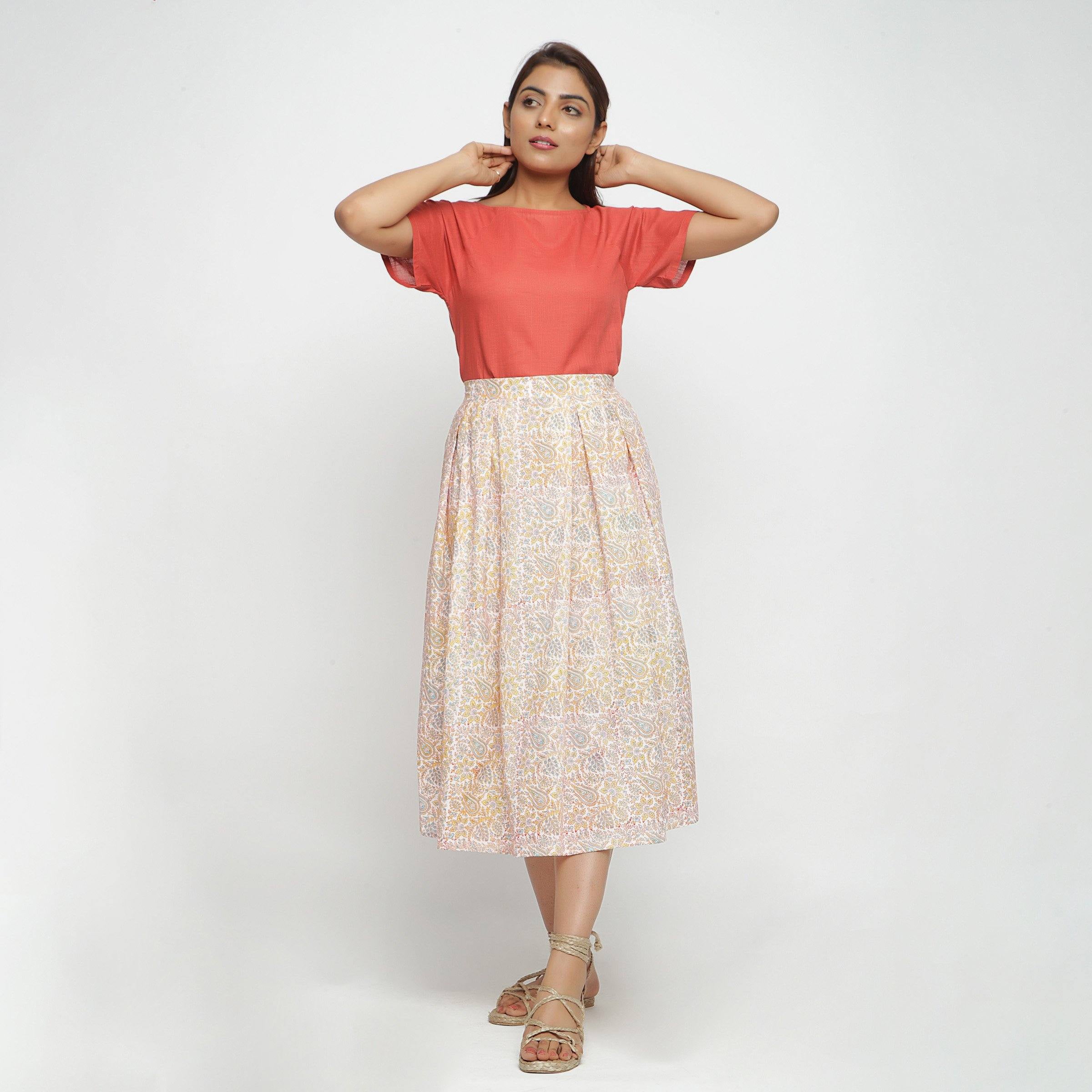 Grey - Sanganeri Block Printed Tiered Cotton Long Skirt