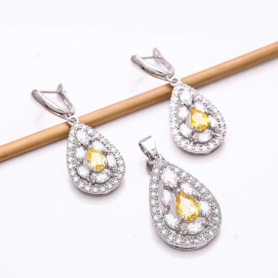 Yellow Sapphire Simulated, CZ 925 Sterling Silver Platinum Plated Pendant Earring Set PS3, Sapphire Pendant Earring Set, Gift For Her, Pear Pendant Ea
