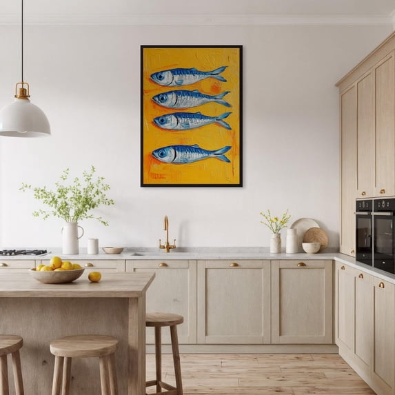 Yellow Sardine Fish Wall Art, Funky Coastal Kitchen Decor, Unframed Paper Print Size 8x12