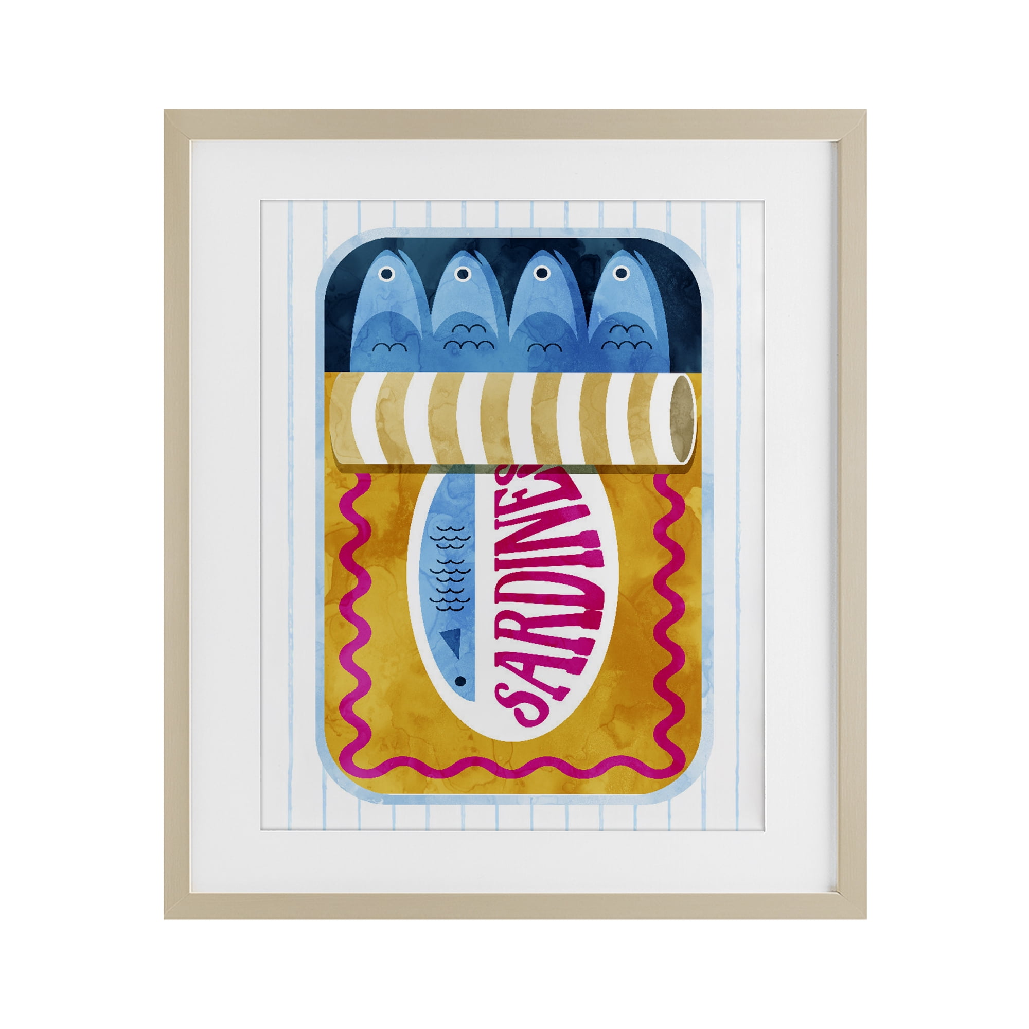 Yellow Sardine Tin over Stripes Birch Framed Print Under Glass, design by Daphne Polselli
