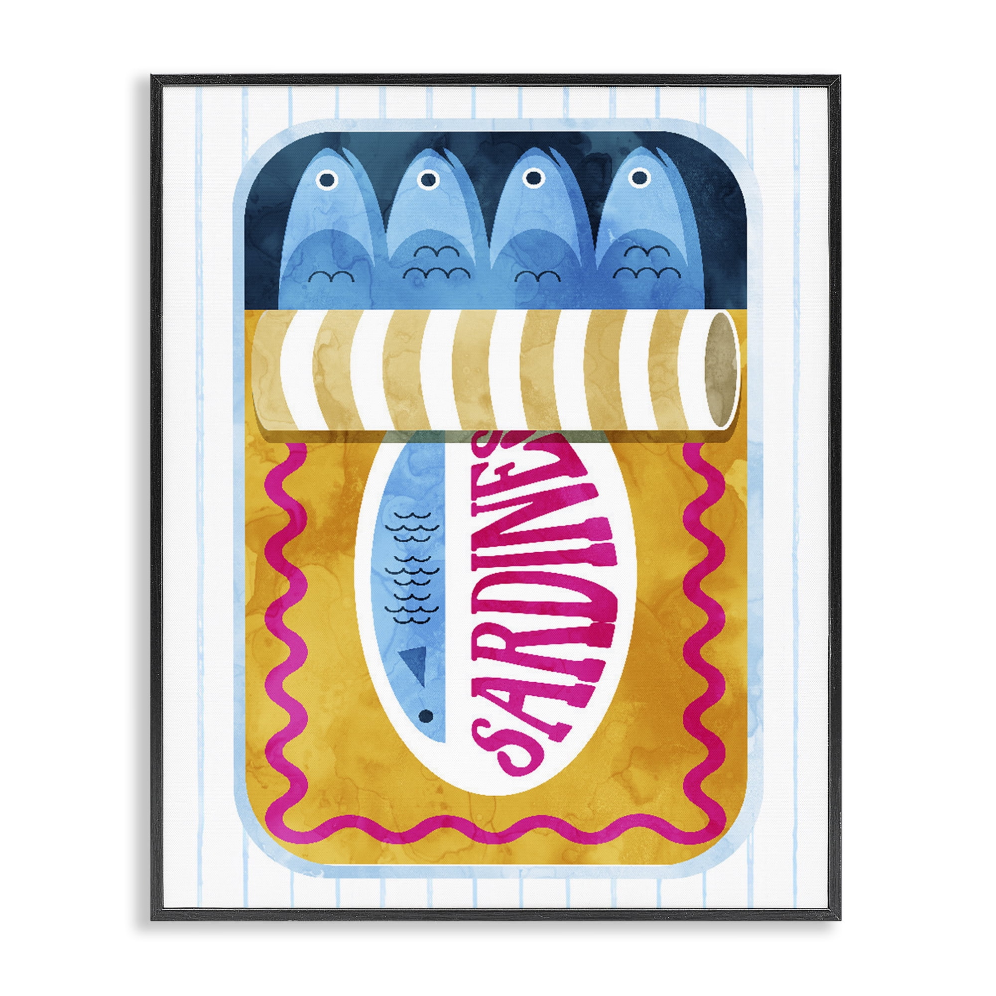 Yellow Sardine Tin over Stripes Black Framed Giclee Art, design by Daphne Polselli