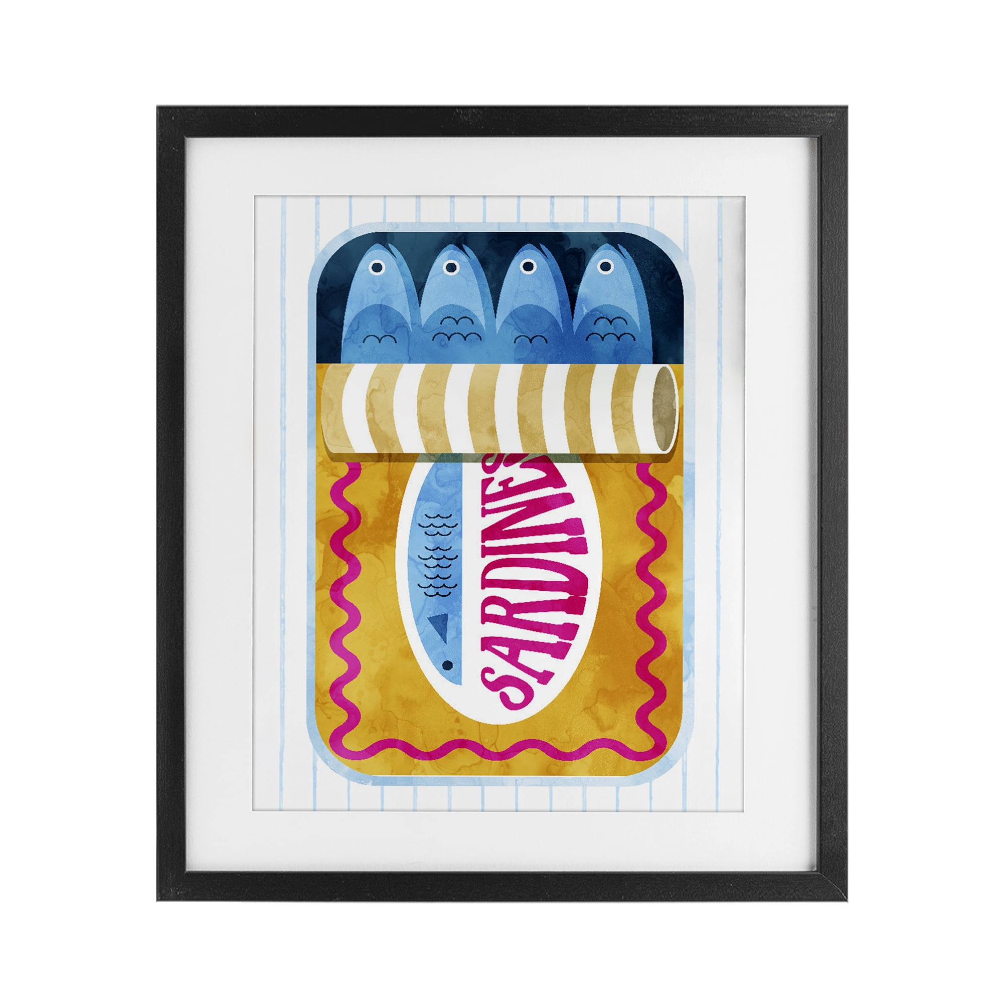 Yellow Sardine Tin over Stripes Black Framed Print Under Glass, design by Daphne Polselli
