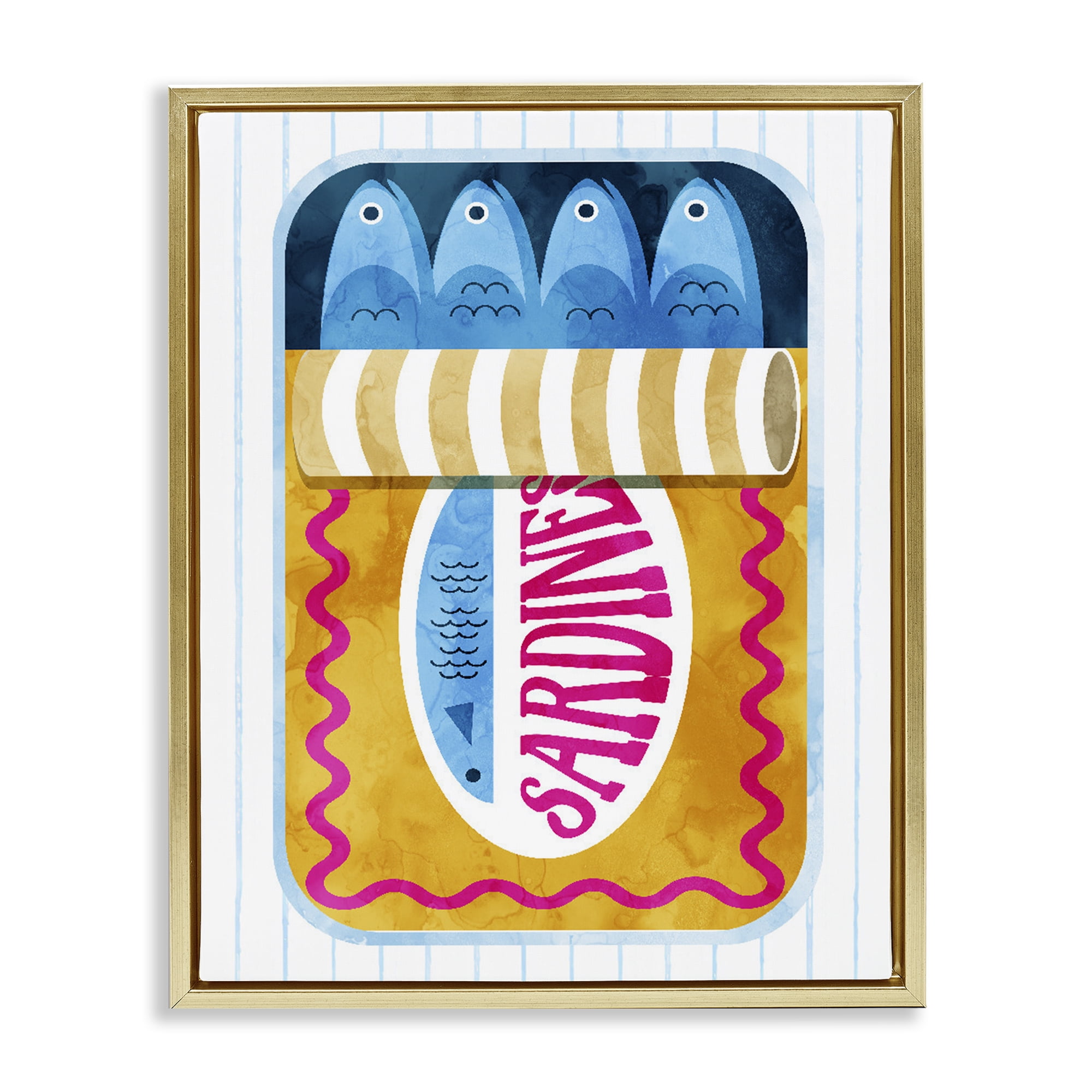 Yellow Sardine Tin over Stripes Gold Framed Floater Canvas Wall Art, design by Daphne Polselli