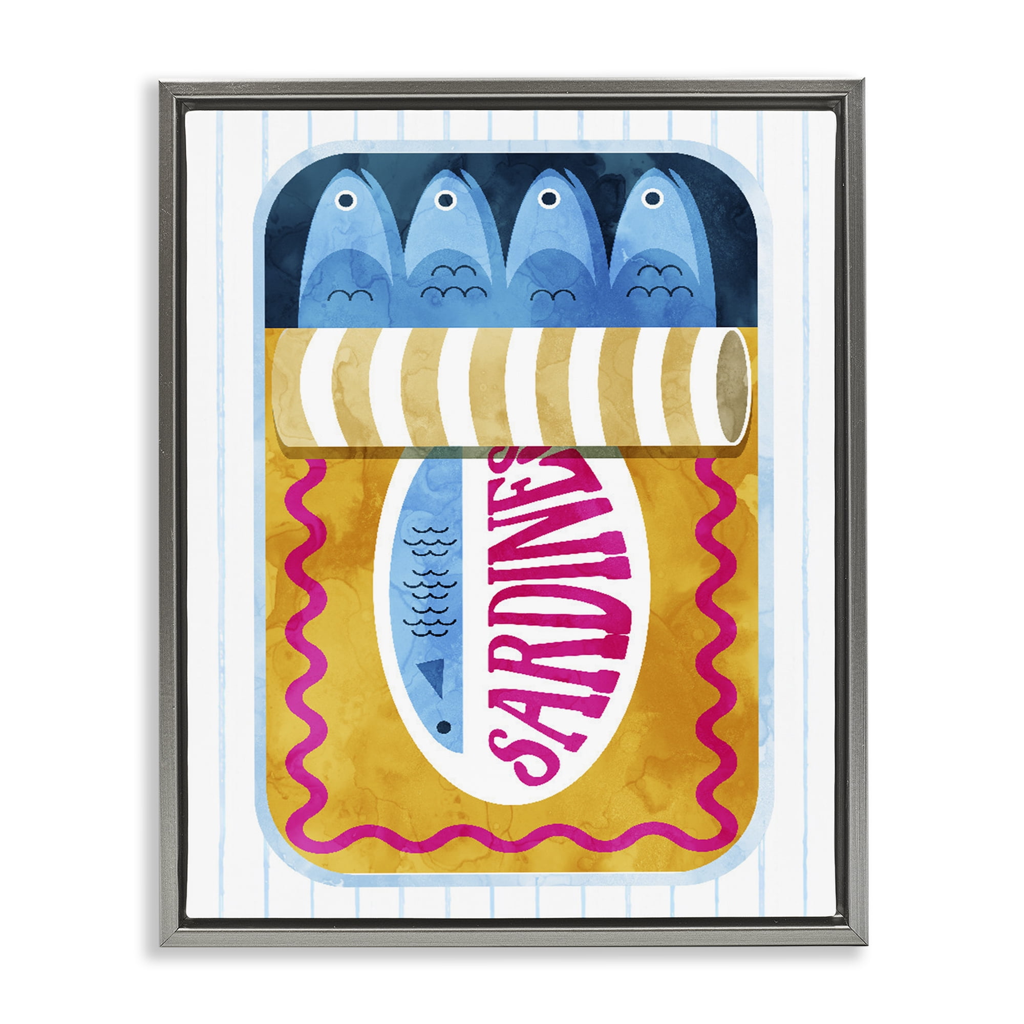 Yellow Sardine Tin over Stripes Gray Framed Floater Canvas Wall Art, design by Daphne Polselli