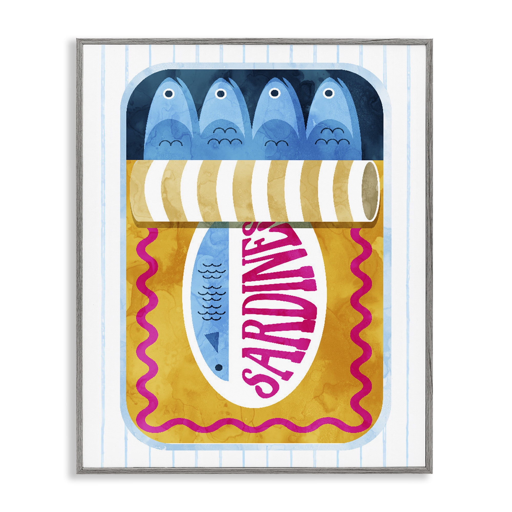 Yellow Sardine Tin over Stripes Gray Framed Giclee Art, design by Daphne Polselli