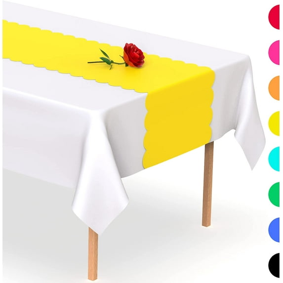 Yellow Scallop Disposable Table Runner. 5 Pack 14 x 108 inch. Plastic Table Runner Adds A Pop of Color To Your Party Table, by Swanoo